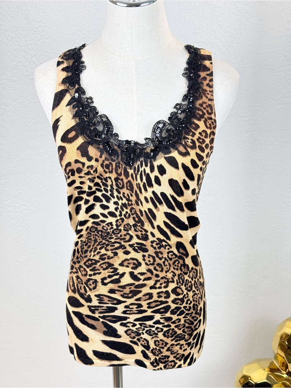 VTG CACHE Knit Leopard Print Beaded Lace Trim Tank Top Sz:S Boho Y2K